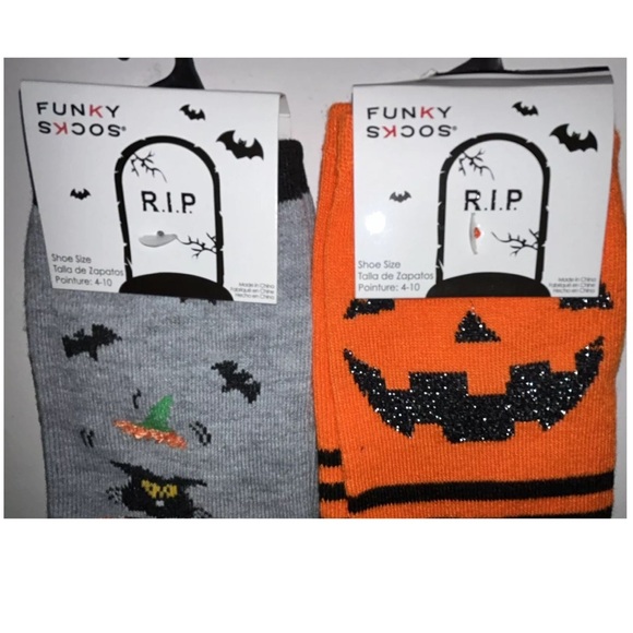 RIP Halloween Crew Socks 2 Pair Women 4-10 Gray Orange w Jack O'lantern Cat Bat - Picture 2 of 8